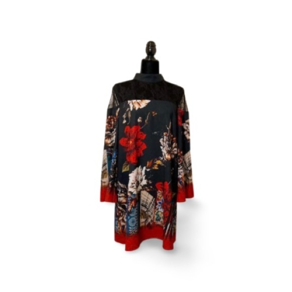 Nicole Miller Bell Sleeve Mock Neck Floral Print Dress - Size 12 - Picture 2 of 14